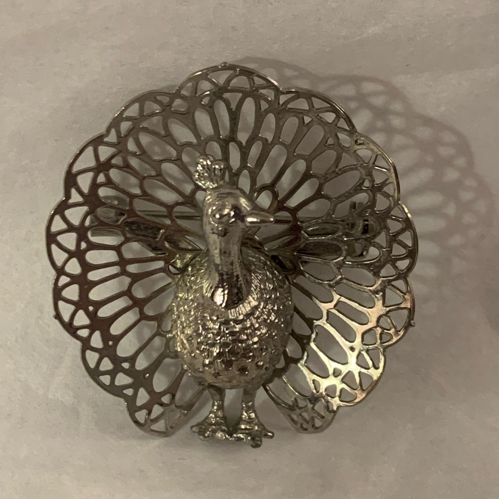 Vintage Silver Tone Peacock Brooch